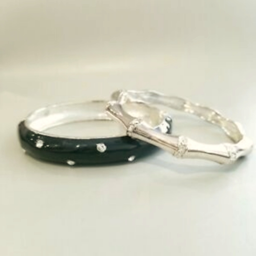 2 Hinge Bangle Bracelets Black Enamel w/Crystals & Bamboo Silvertone w/Crystals